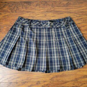 Hot Topic SOCIAL COLLISION Navy Blue Tan Belted Buckle Pleated Skirt sz 2 NWT